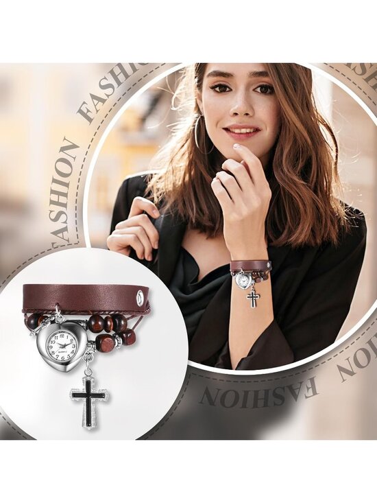 Women\'s Brown Analog Quartz Cross Bracelet Weave Wrap Around Leather Wrist Watch main image 2